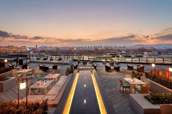 An urban luxury hotel overlooks the Beijing
